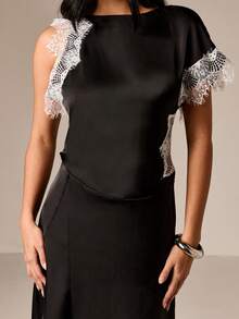 AiiRZ Vestido midi assimétrico de cetim com detalhes em renda, cintura franzida e pregas, ideal para ocasiões especiais como casamentos, festas e eventos noturnos. - Preto - Ver 4