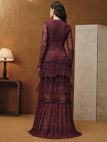 Anewsta 女士黑色V领蕾丝长款鸡尾酒礼服，适合派对活动，酒红色长款女装 - 酒紅色 - 查看 3