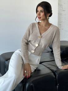 Firerie New Simple And Fashionable Office Commuting Deep V Neck Long Sleeve Slim Button Cardigan, Versatile Casual Knitted Sweater In Fall/Winter - Khaki - View 6