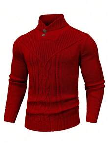 Calvornis Men's Dark Red Solid Stand Collar Button Detail Sweater,Winter Casual Knitted Cable Knit Turtleneck,Family Matching Long Sleeve Top For Fall - Burgundy - View 3