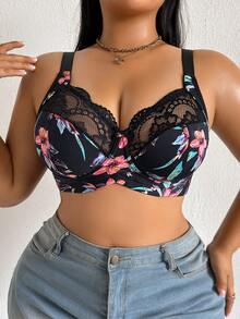 SHEIN 1pc Plus Size Lace Patchwork Wireless Bra - Multicolor - View 9