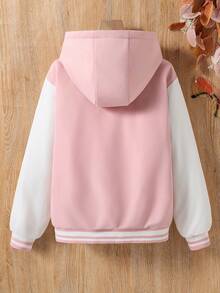 SHEIN Girls'light Pink Cute Cartoon Print Zipper Jacket,Winter Plush Inside Loose Comfortable Jacket For School,Back-To-School Soft Spliced Outerwear - Pink - View 2
