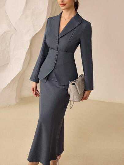 Modelyn Dark Color Elegant Fitted Waist Design Blazer Jacket & Midi Skirt 2 Pieces Set For Women