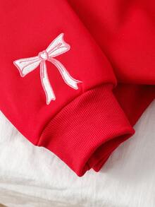 1pc Tween Girls Knitted Fleece Jacket With Front Zipper, Bow Embroidery, Cute & Fashionable, Suitable For Autumn/Winter - Red - View 4