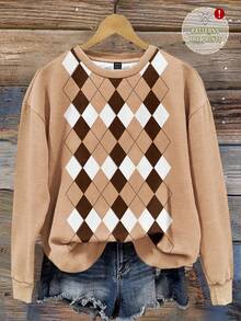 EMERY ROSE Casual Minimalist Argyle Print Atmospheric Graphic Crew Neck Loose Fit Women Sweatshirt, Suitable For Outings, Street Style, Layering, Commuting, Vintage Look - Multicolor - View 1