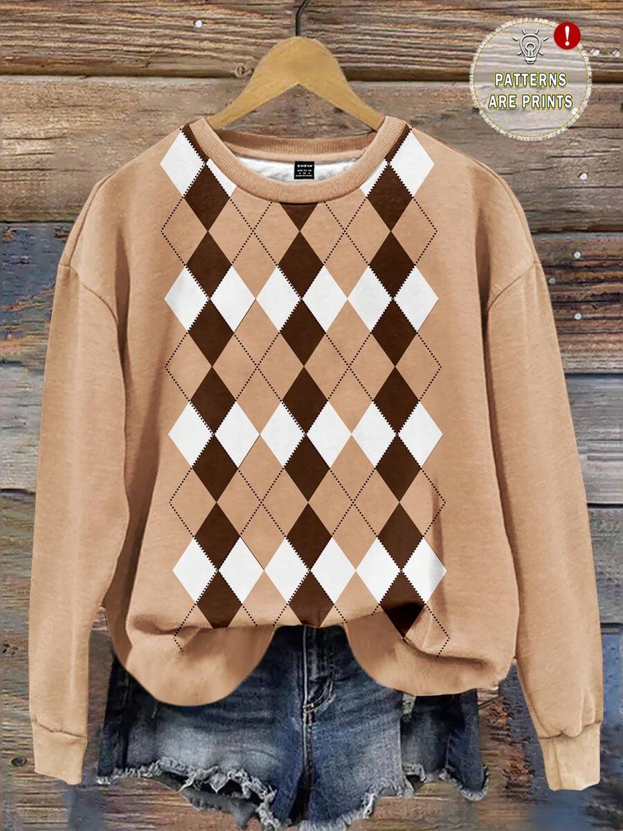 EMERY ROSE Casual Minimalist Argyle Print Atmospheric Graphic Crew Neck Loose Fit Women Sweatshirt, Suitable For Outings, Street Style, Layering, Commuting, Vintage Look - Multicolor - View 1
