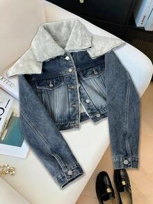 SHEIN Unity Thermisch gefütterter kurzer Denim Jacke, modisch und vielseitig für den Winter - Blau - Übersicht 1