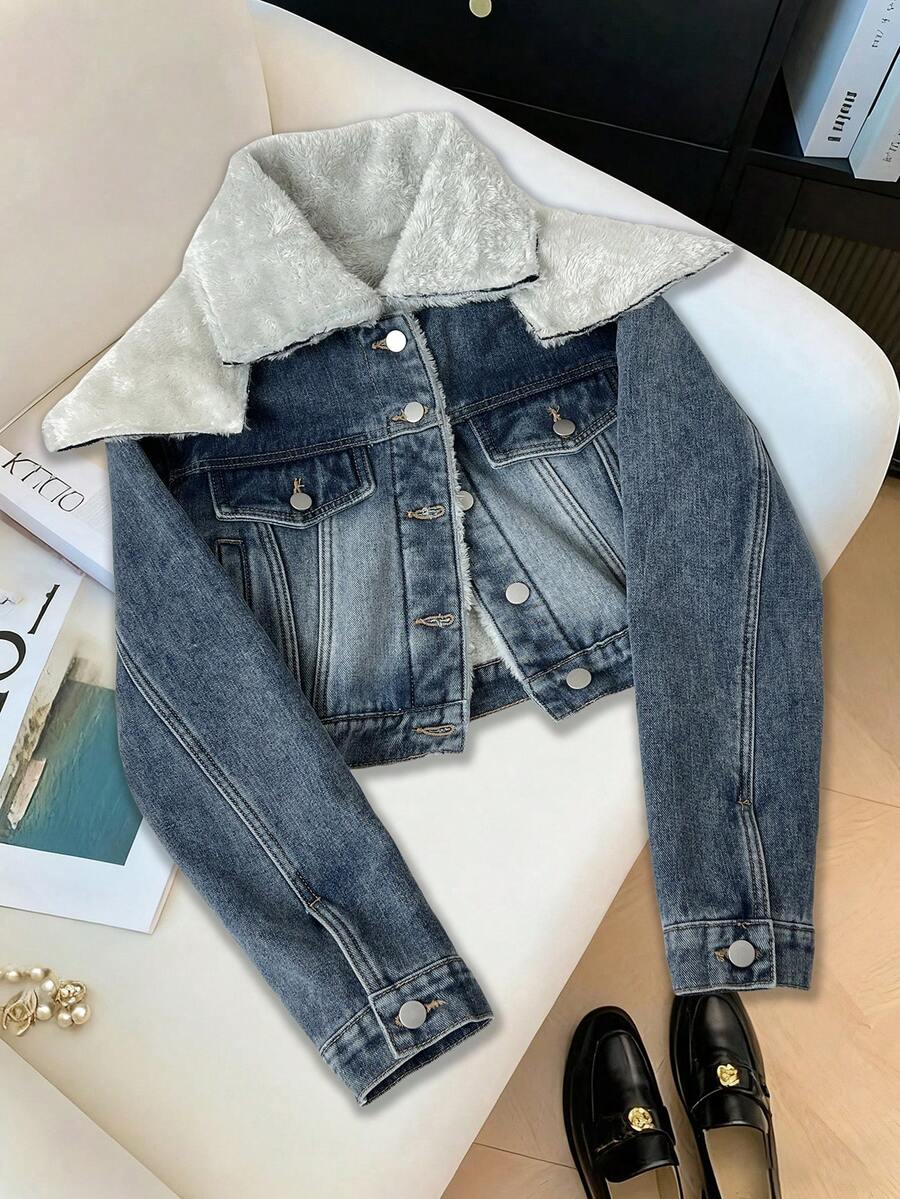 SHEIN Unity Thermisch gefütterter kurzer Denim Jacke, modisch und vielseitig für den Winter - Blau - Übersicht 1
