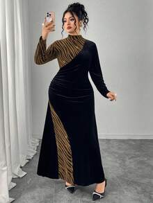 Modelyn 大码女式立领长袖丝绒拼接优雅派对连衣裙，秋冬款 - 彩色 - 查看 3