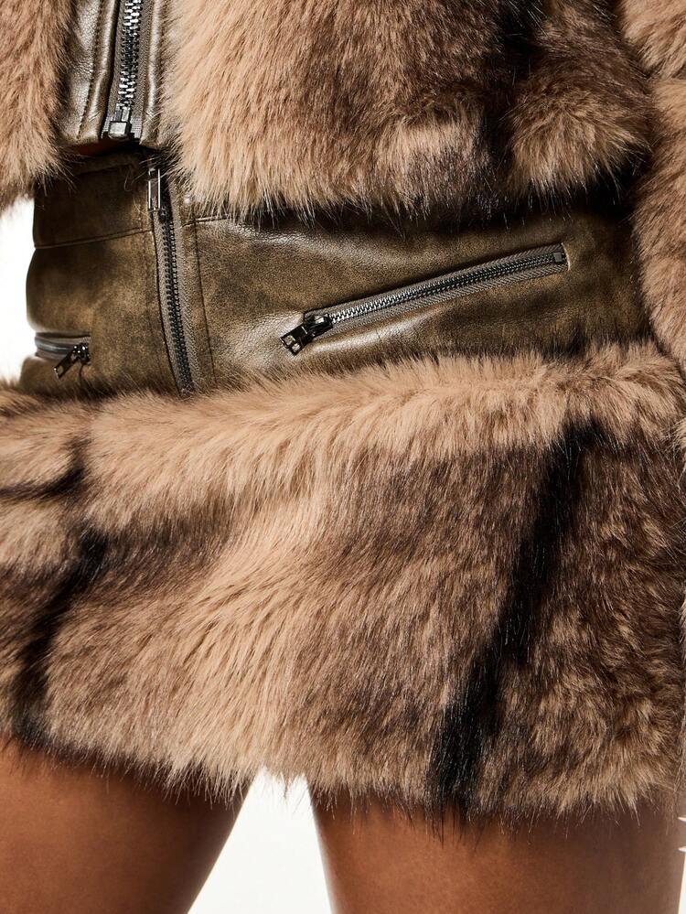 SUMWON WOMEN Faux Fur Biker Mini Skirt With Leather Trim And Zipper Details Fall Winter Edgy Streetwear Fashion - Brown - View 7