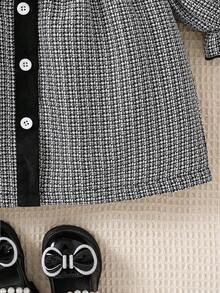 SHEIN Elladie kids Baby Girl Classic Black & White Contrast Plaid Pattern Ruffle Hem Bow Decor Dress & Hat Set - Black and White - View 6