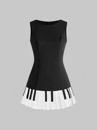 Kawaii Cute Piano Keyboard Print Fitted A-Line Mini Dress, Collegiate Style