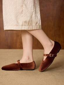 MOTF PREMIUM WOMEN'S VELVET COMMUTING CASUAL COMFORTABLE VERSATILE MARY JANE SQUARE TOE FLAT SHOES - Brown - View 3