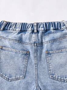 SHEIN ChillGRL Tween Girl Jeans - Distressed Snow Wash Embroidered Wide Leg Jeans, Suitable For Spring, Summer, Autumn, Winter Aesthetic Sunflower Earthy 70s Sunflower Flower Embroidered Jeans - Blue - View 3