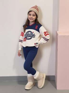 مجموعة بنطلون وبلوزة كاجوال بطراز رجعي مزينة بحروف وأرقام، بطراز كلية، مناسبة لبداية العام الدراسي، بلوزة بياقة على شكل حرف V مع أكمام طويلة وبنطلون ضيق، مناسبة للخريف والشتاء