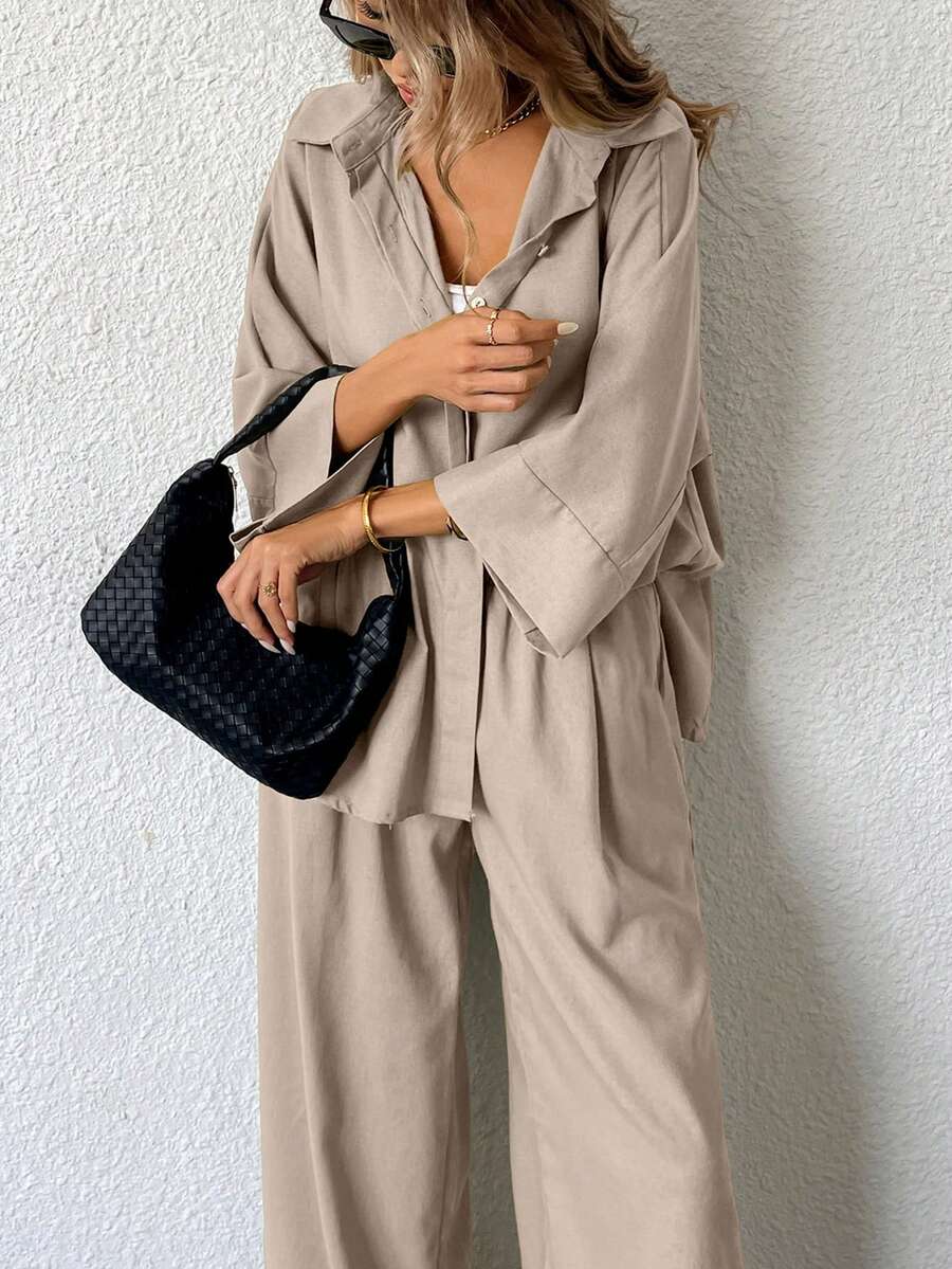 Aveloria Modichic 2 件套女士混合侧开叉宽松衬衫和高腰阔腿裤优雅商务休闲女士