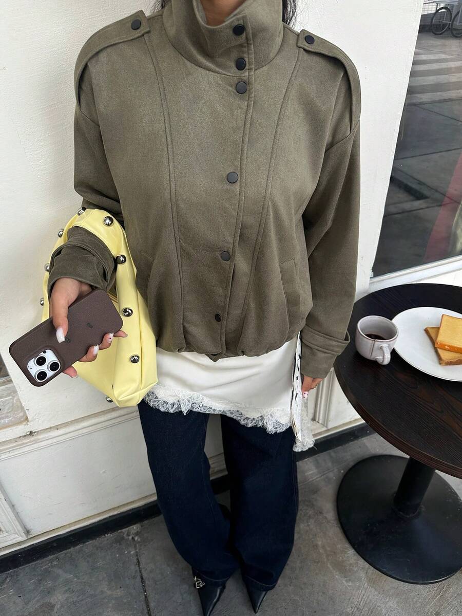 SHEIN EZwear Áo khoác nữ cổ cao tay dài màu xanh lá cây thoáng mát, màu trơn, dáng rộng, thời trang, dáng rộng, tay dài cài nút phía trước - xanh quân đội - Xem 1