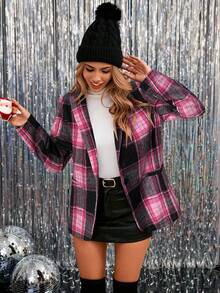 SHEIN LUNE Women's Red Plaid Christmas Party Blazer Jacket - Pink - View 3