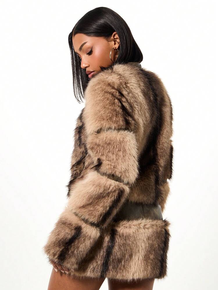 SUMWON Luxurious Faux Fur Fitted Biker Jacket With Full Zip Closure Winter Coat Outerwear