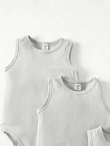 SHEIN 3pcs Baby Boy Comfortable Ribbed Knit Sleeveless Bodysuit Set - Grey - View 5