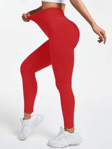 Slayform Leggings de yoga sin costuras de cintura alta y unicolor acanalado para mujer - Rojo - Ver 3