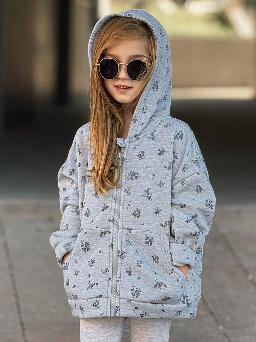 DAZY Young Girl' All-Over Print Hooded Casual Long Sleeve Sweatshirt - Grey - View 1