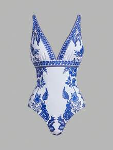 Swim Oasis 女士优雅休闲波西米亚风中式蓝白热带棕榈树花卉印花连体泳衣及沙滩罩衫套装，适合海滩度假 - 藍白色 - 查看 11