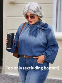 EMERY ROSE Plus Size Women's Fashion Bow Denim Blouse - Dark Wash - View 1