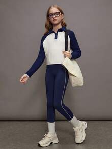 Sweater Lengan Raglan Blok Warna Kasual untuk Anak Perempuan Remaja, Musim Gugur/Dingin - Navy Blue - View 5