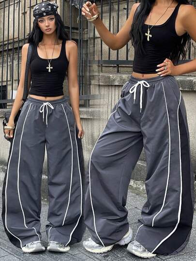 Coolane 男女冬季街头风返校学院风比赛日休闲撞色黑色阔腿运动裤