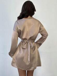 Firerie Women's Elegant Champagne Gold Satin Long-Sleeved Dress,Winter Flowing Glossy Party Outfit,Vintage Style Date Night,Christmas Graduation Guest Clothes - Khaki - View 9