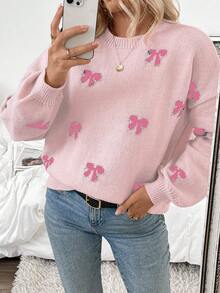 SHEIN LUNE 秋冬新款时尚博主同款蝴蝶结设计休闲套头毛衣 - 彩色 - 查看 4