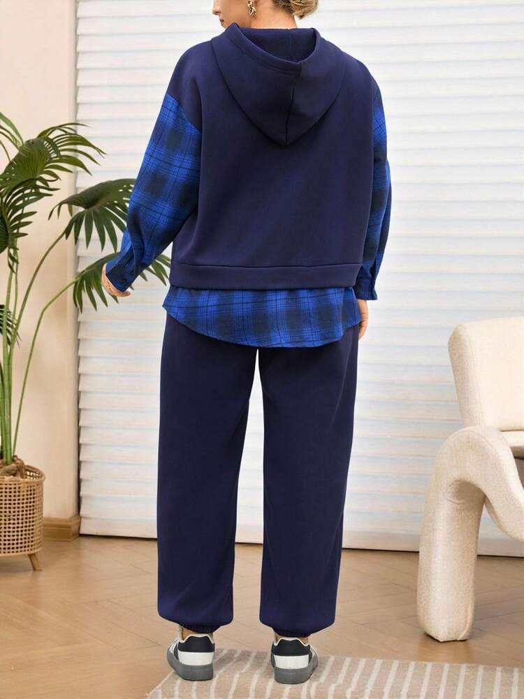 2pcs Plus Size Women Navy Blue Hoodie And Sweatpants Set,Plaid Patchwork Thermal Lined 2 Piece Lounge Sets,Autumn Casual School Back-To-School Outfit