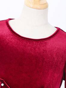 Glamorique Kids Girls' Burgundy Velvet Pearl Embellished Big Bow Decor Flare Sleeve Dress, Sweet & Elegant For Christmas Party & New Year - Burgundy - View 3