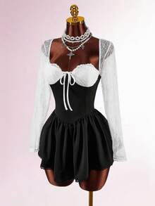 Amplova Black And White,Autumn,Elegant,Goth,Night Out Fitted Semi-Sheer Heart-Shaped Bust Long Sleeve Bodycon Mini Dress,Open Back & Criss-Cross Corset Dress - Black - View 11