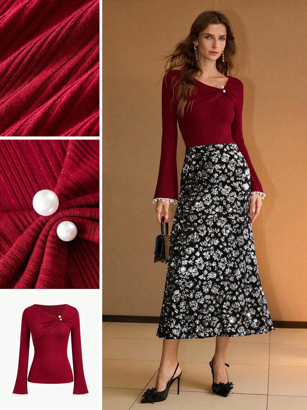 Blusa con mangas acampanadas y cuentas de perlas falsas