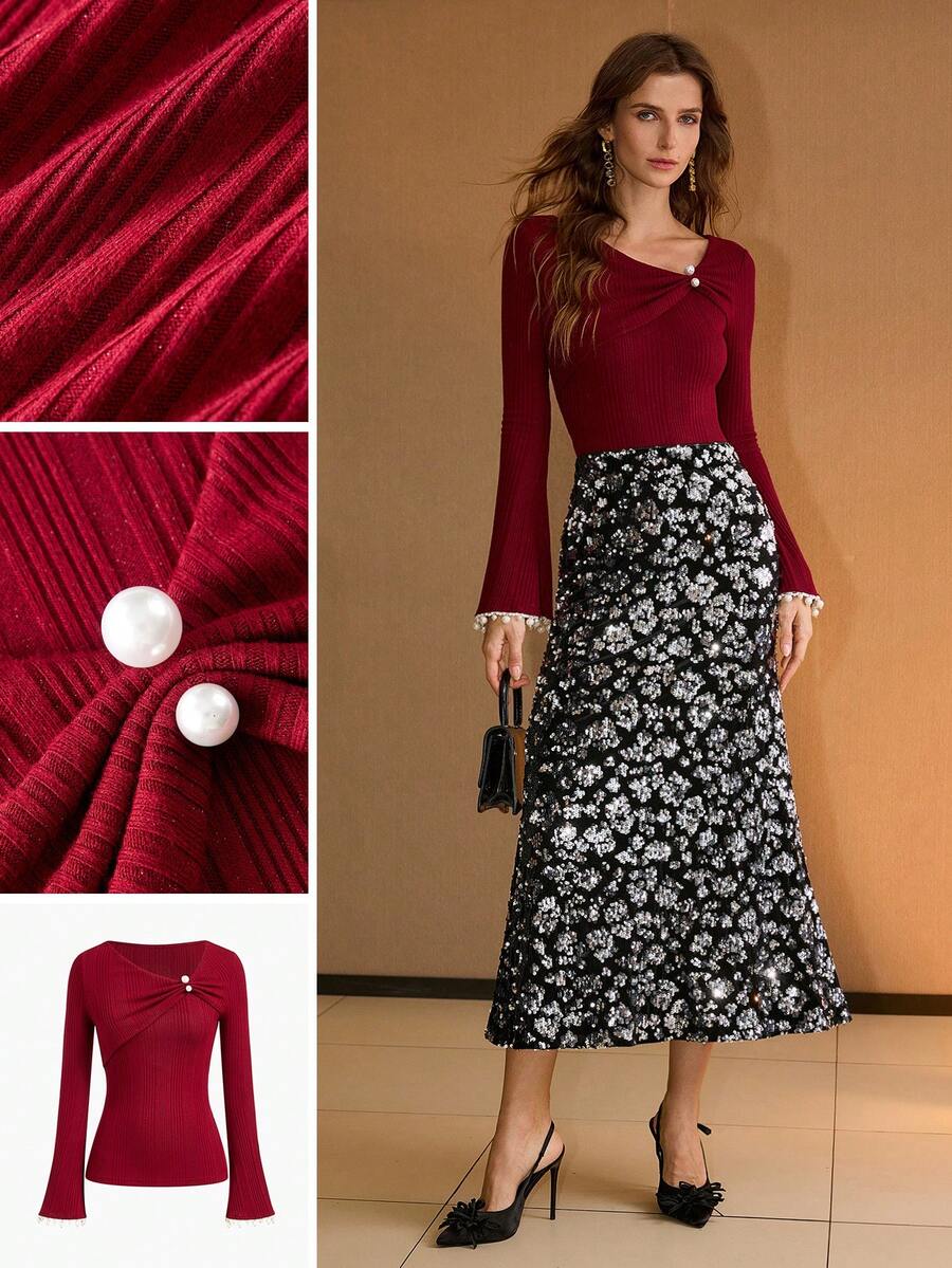 MOTF PREMIUM FAUX PEARL BEADED FLARE SLEEVE TOP, CHRISTMAS, RED, NEW YEAR - Red - View 1