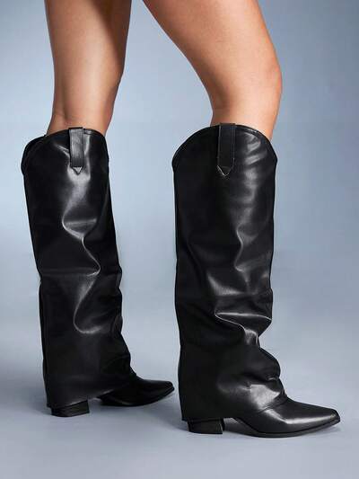 CUCCOO GRLICON Botas cómodas de tacón de madera con slip-on para mujer, adecuadas para estilos Y2K, punk, motero, chica cool, Halloween, fiestas de Navidad, atuendos de invierno