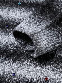 Manfinity CasualKnits 男士休闲时尚街头渐变条纹图案半拉链翻领超大宽松彩色水钻装饰毛衣，秋冬 - 黑色 - 查看 7