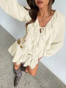 Aloruh Women's V-Neck Ruffle Hem Bohemian Brown Chiffon Loose Tie Waist Mini Dress, Autumn/Winter - Apricot - View 4