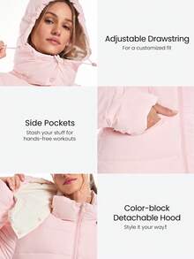 GLOWMODE Chic In Warmth Blizzard Flex Matte Soft Cozy Insulating Zipper Snap Button Closure Pockets Detachable Hood Hip-To-Mid-Knee Length Puffer Jacket Autumn Winter Outdoors Daily Casual Wear - Baby Pink - View 7