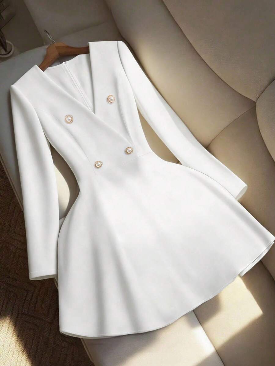 GlowEve 女士优雅复古 V 领双排扣长袖修身喇叭下摆连衣裙，适合日常通勤和休闲穿着 - 白色 - 查看 1