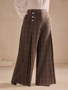 Anewsta Calça xadrez clássica e elegante para mulheres plus size, com fivela metálica, ideal para o ambiente de trabalho. - Castanho Café - Ver 4