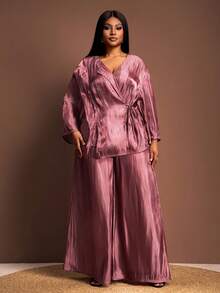 Veslaya Rosa Empoeirado, Outono, Elegante, Conjunto de Top de Manga Longa com Amarração e Calça Pantalona para Mulheres Plus Size, Conjunto de Calça Casual Solta Combinando - Marrom - Visão 4