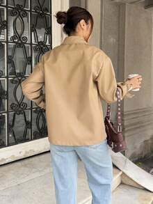 SHEIN Unity Jaket Wanita Lengan Panjang Polos Minimalis Bahan PU untuk Sehari-hari - Khaki - View 2