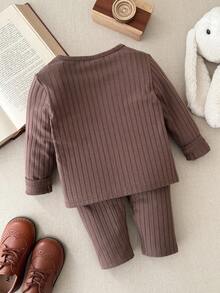 Blossori Conjunto de camiseta de manga larga con cuello redondo y bordado de animales elegante francés y pantalones para niñas bebé - Café integral - Ver 2