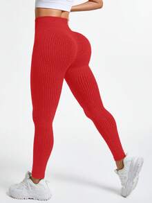 Slayform Leggings de yoga sin costuras de cintura alta y unicolor acanalado para mujer - Rojo - Ver 2