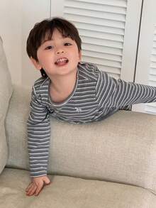 DAZY 2pcs Toddler Boys' Round Neck Striped Cartoon Embroidered Top And Pants Pajama Set - Grey - View 2