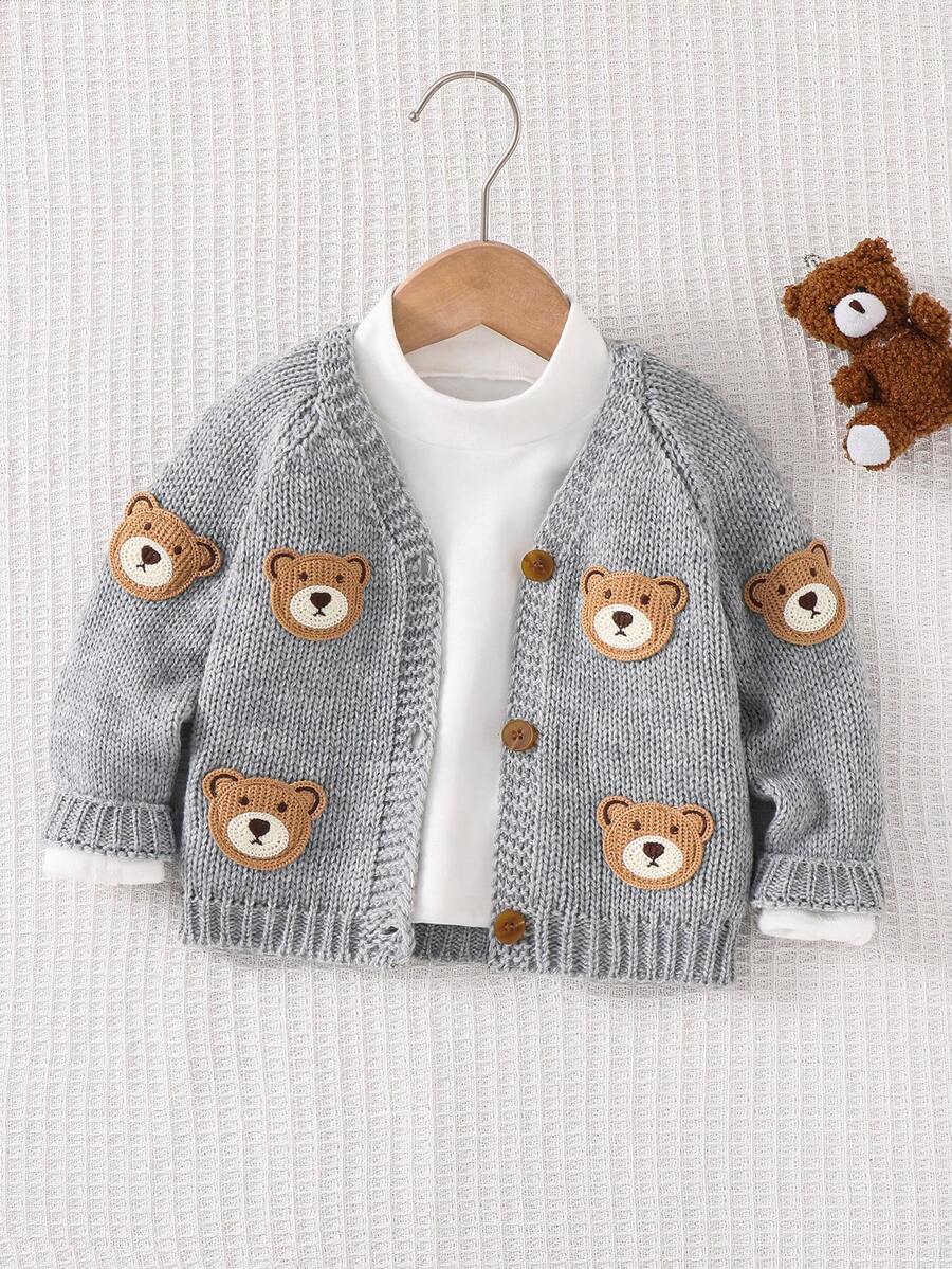 Cozy Pixies Baby Boy Cartoon Bear Pattern V-Neck Long Sleeve Sweater Cardigan Baby Cardigan Baby Bear Cardigan Baby Knit Cardigan Baby Sweater In Fall/Winter - Light Grey - View 1