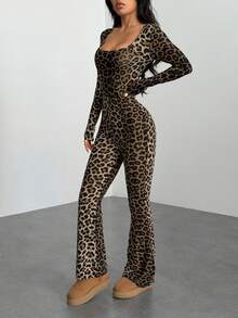 SHEIN PETITE Women's Autumn Leopard Print Square Neck Long Sleeve Flared Fashion Jumpsuit ,Petite Women - Brown - View 3